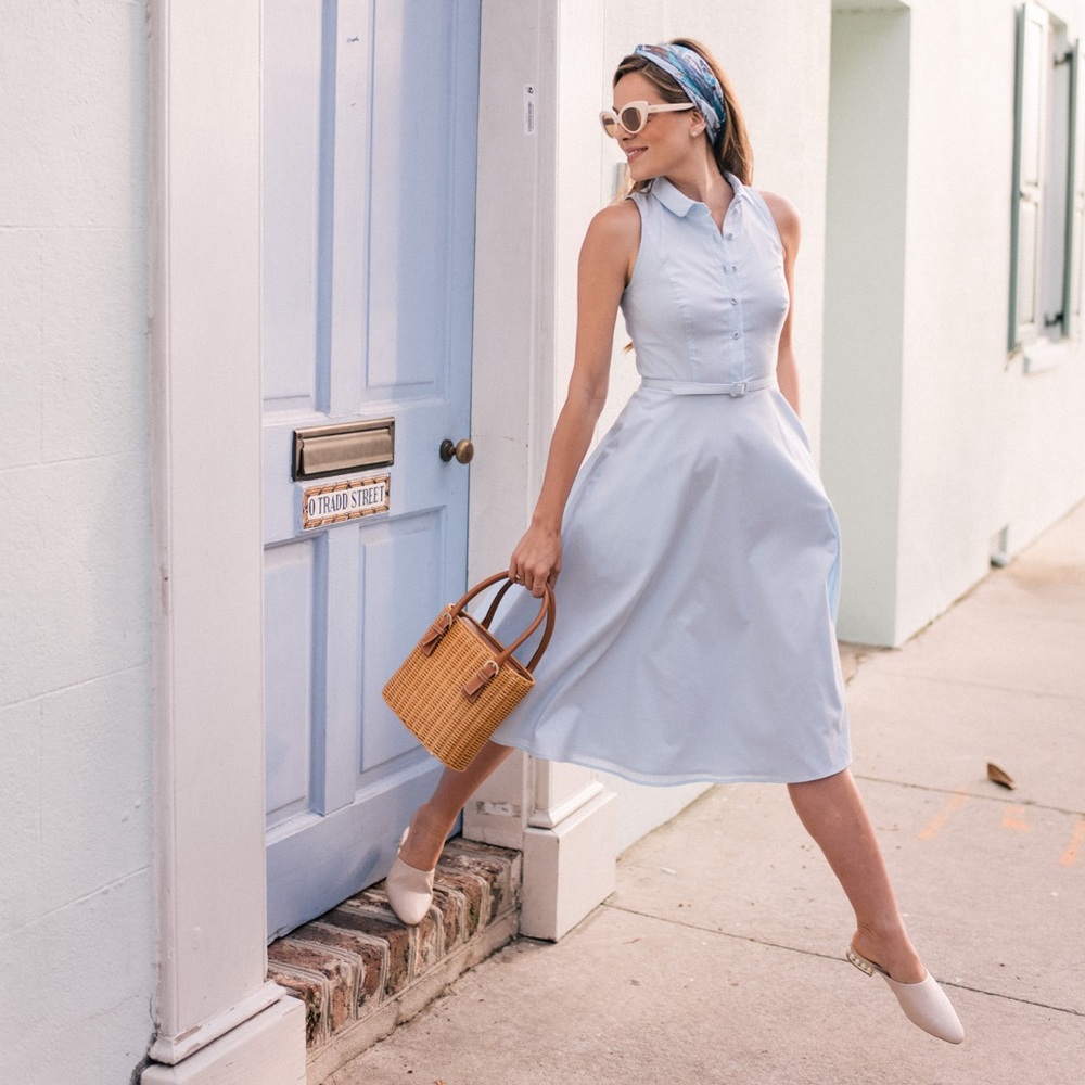 GAL MEETS GLAM light blue Rose cotton poplin shirt dress 2